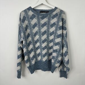Peter England Wool Blend Sweater Men's L Blue White Pullover Grandpa Retro VTG